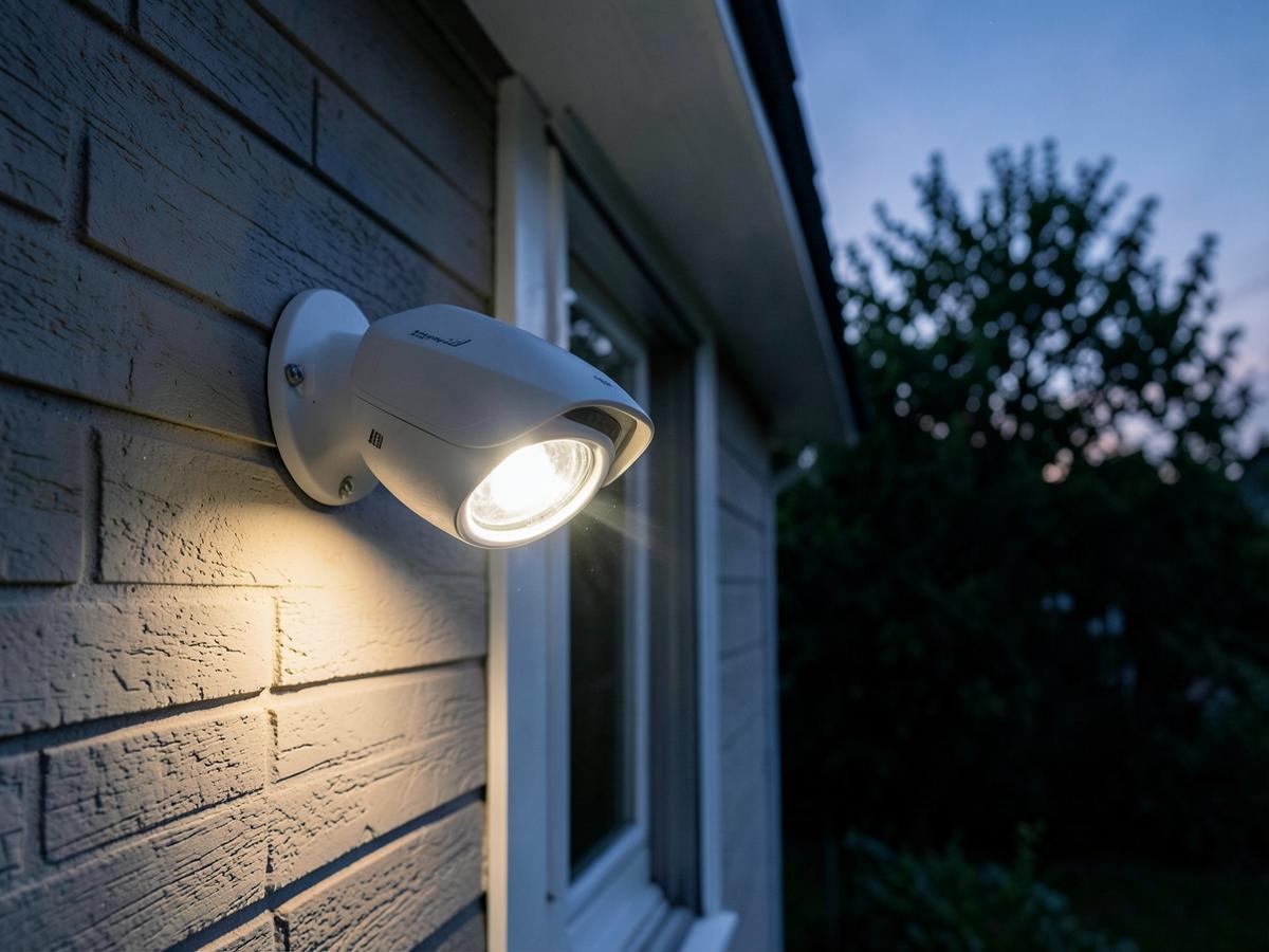 Motion security floodlight and camera mounted on a home exterior at dusk